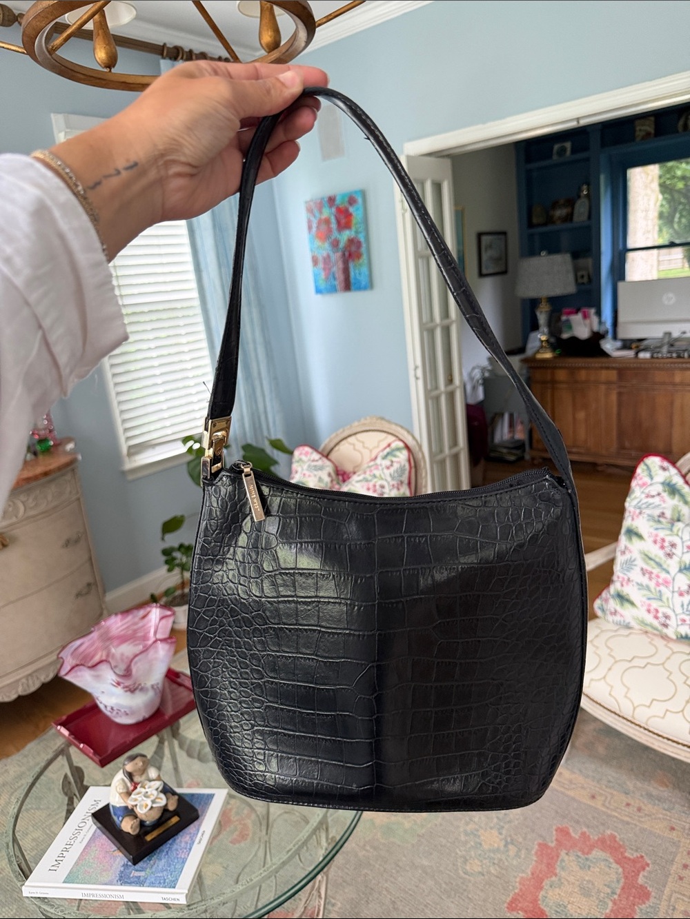 Black Nine West Croc-Embossed Shoulder Bag
